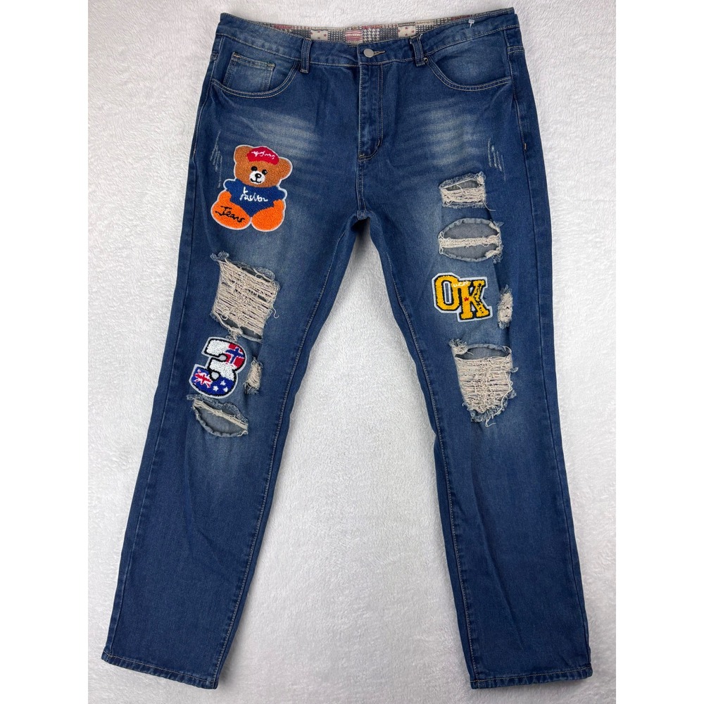 Distressed Denim Jeans Patches Rips‎ Teddy Bear Accents XXL